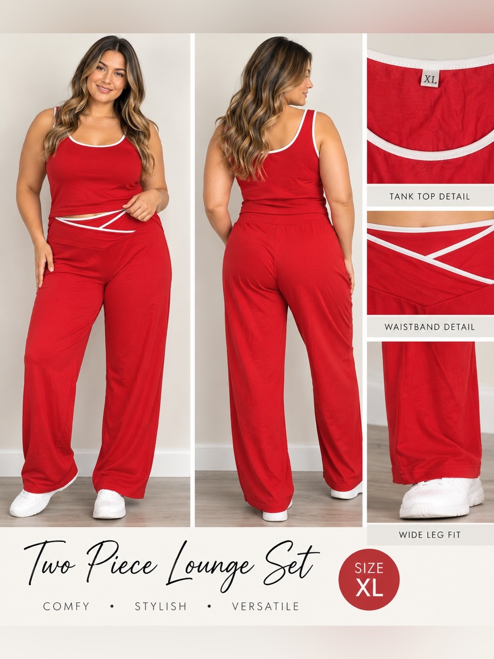 Two-Piece Red Lounge Set - Tank & Wide-Leg Pants